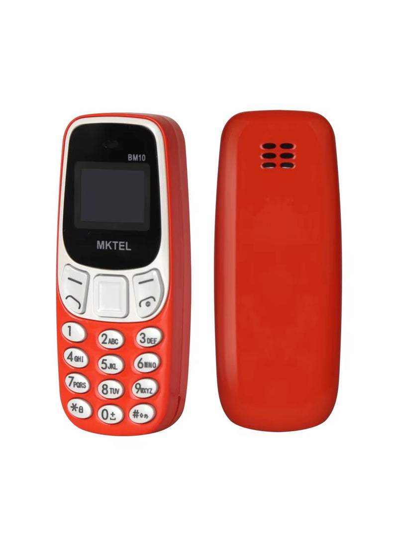 MKTEL BM10 is the smallest mobile phone with a 0.66-inch screen supports two SIM cards or a SIM card and SD memory and has a 380 battery It can be used as a Bluetooth headset Size 68*28*12mm Orange color