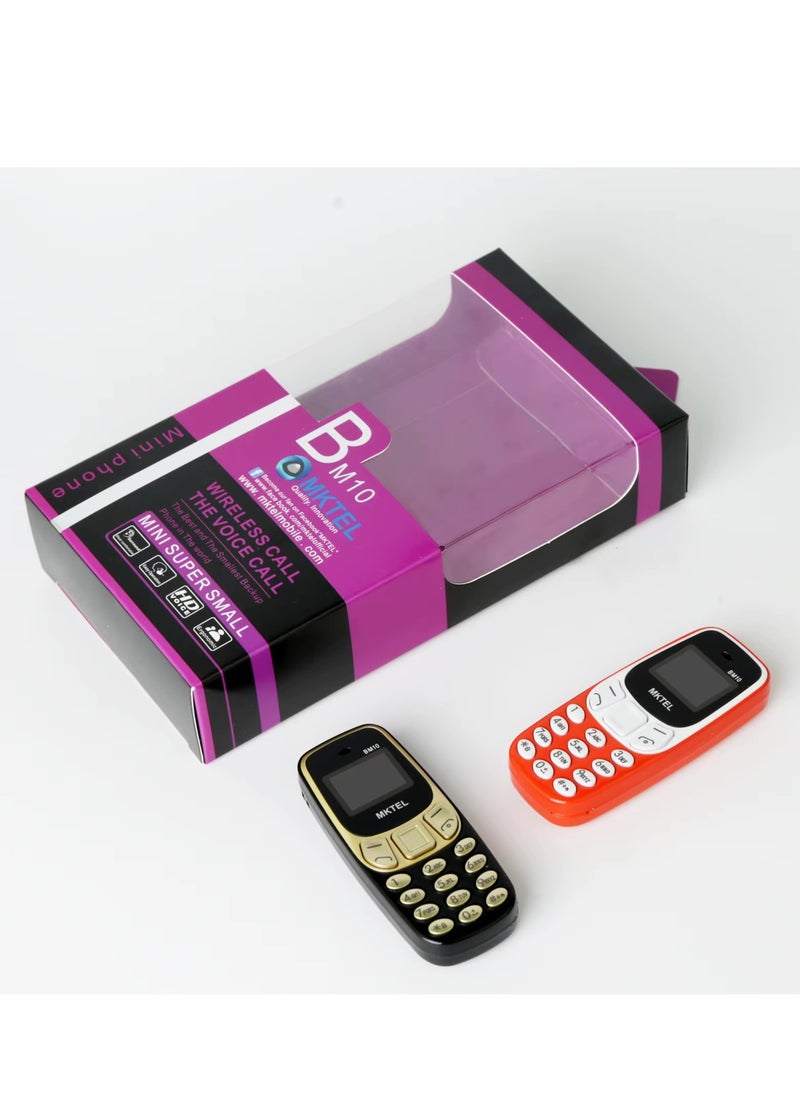 MKTEL BM10 is the smallest mobile phone with a 0.66-inch screen supports two SIM cards or a SIM card and SD memory and has a 380 battery It can be used as a Bluetooth headset Size 68*28*12mm Orange color