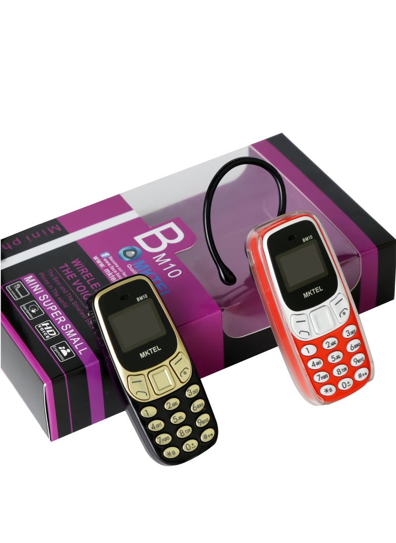 MKTEL BM10 is the smallest mobile phone with a 0.66-inch screen supports two SIM cards or a SIM card and SD memory and has a 380 battery It can be used as a Bluetooth headset Size 68*28*12mm Orange color