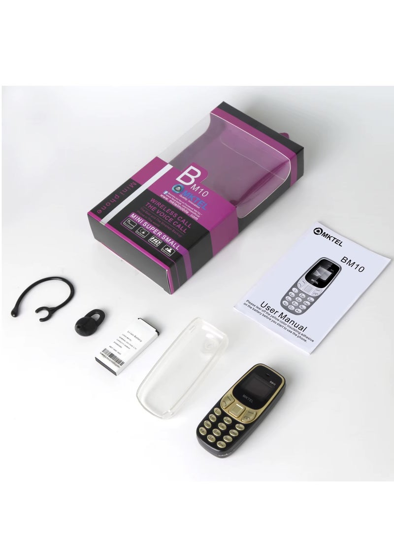 MKTEL BM10 is the smallest mobile phone with a 0.66-inch screen supports two SIM cards or a SIM card and SD memory and has a 380 battery It can be used as a Bluetooth headset Size 68*28*12mm Orange color