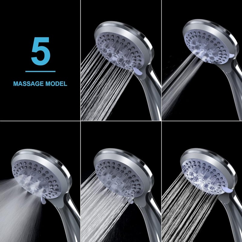 BWDM Hand Shower Rain Shower Pressure Increasing 5-Function Hand Shower Shower Head with 1.5 m Heavy Stainless Steel Metal Hose and & Wall Hook for Bathing and Spa (Chrome Finish) - Image 2