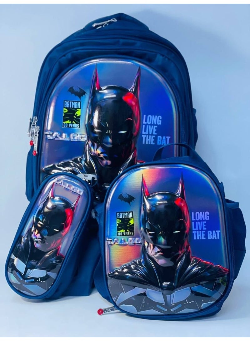 3-in-1 trolley school bag set (includes backpack, lunch box, and pencil case). Features a 3D embossed design and is made of waterproof material; available in various colors and styles. The bag has 4 zippered compartments. Size: 42 cm (16-inch size). - Image 1