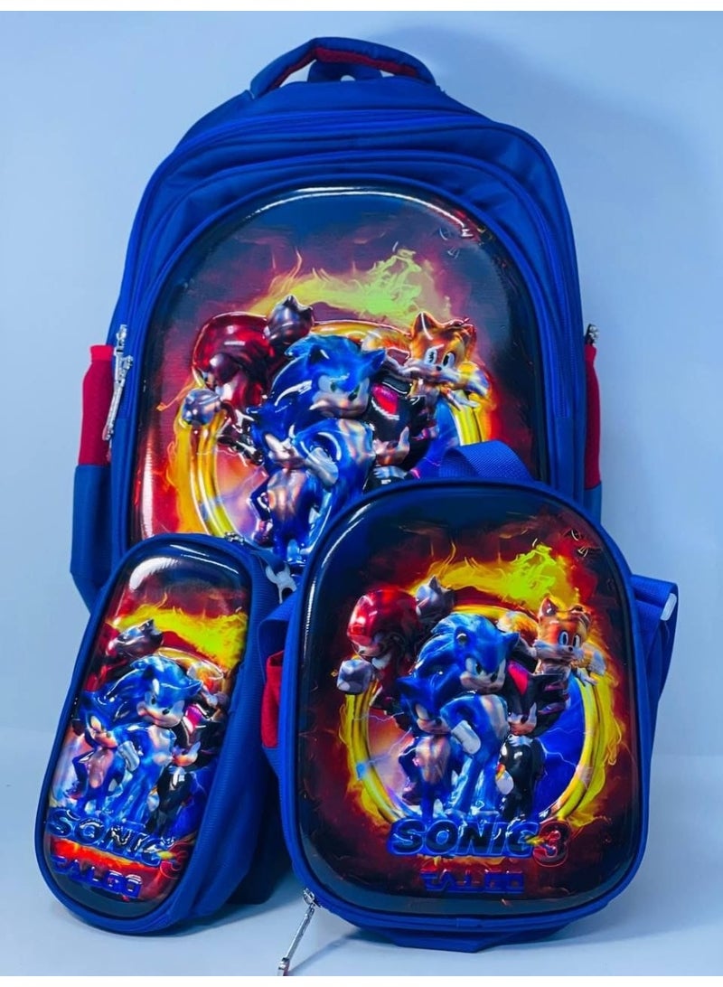 3-in-1 trolley school bag set (includes backpack, lunch box, and pencil case). Features a 3D embossed design and is made of waterproof material; available in various colors and styles. The bag has 4 zippered compartments. Size: 42 cm (16-inch size). - Image 2