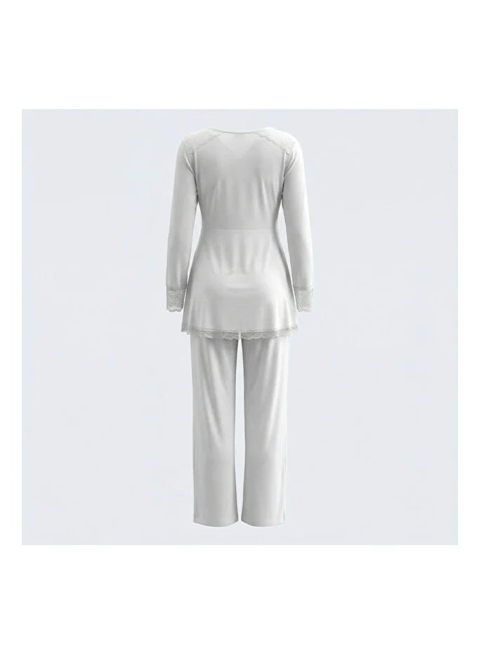 Lady Lingerie 3-Piece Maternity & Nursing Pajama Set | Cross-Over Nursing Top, Adjustable Waist Pants & Lace Robe | Soft Cotton Viscose Blend | Made in Turkey - Image 3