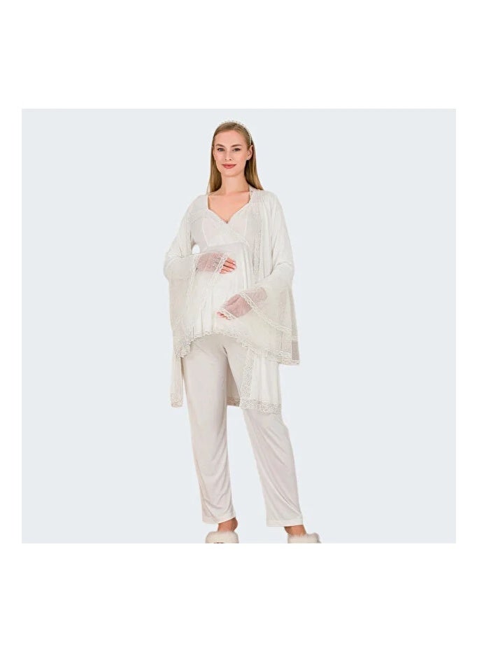 Lady Lingerie 3-Piece Maternity & Nursing Pajama Set | Cross-Over Nursing Top, Adjustable Waist Pants & Lace Robe | Soft Cotton Viscose Blend | Made in Turkey - Image 4