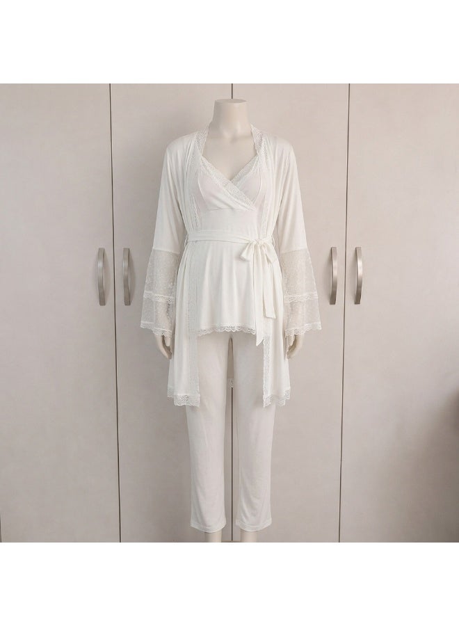 Lady Lingerie طقم بيجامة حوامل ومرضعات مكون من 3 قطع | بلوزة مع بنطال بخصر قابل للتعديل وروب دانتيل | مزيج القطن والفيسكوز | صنع في تركيا - Image 1