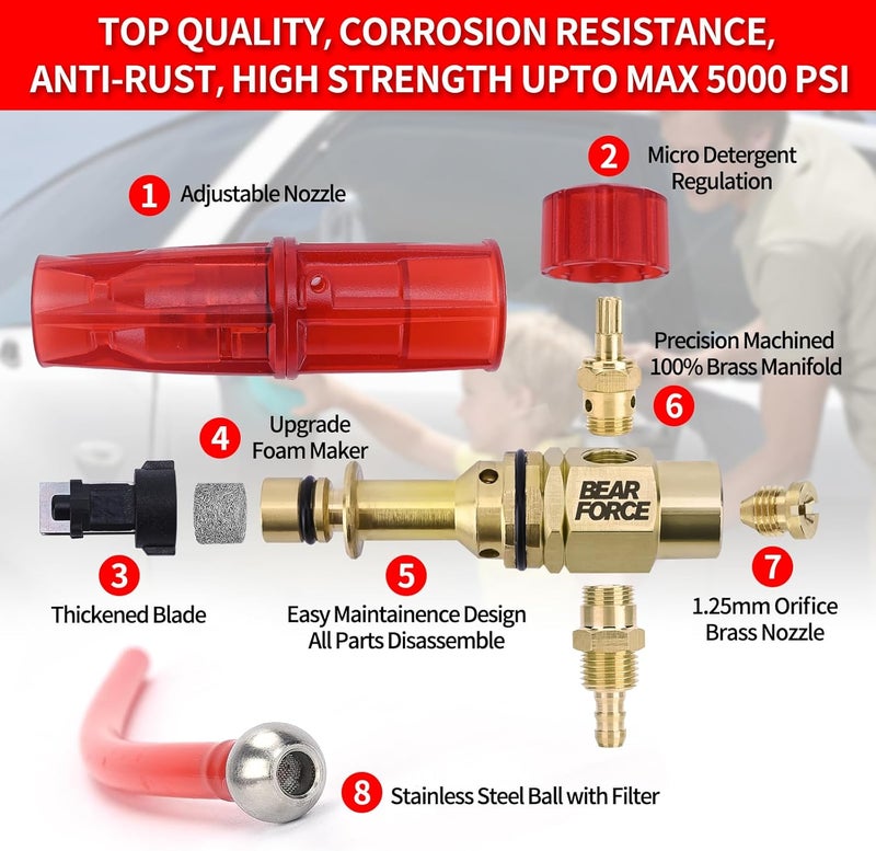 BEAR FORCE Pressure Washer Brass Foam Cannon Foam Generator Snow Foam Lance with 1/4” Quick Connector & 1.25mm & 1.10mm Orifice Nozzle, 360° Adjustable Thicker Snow Foam with 32 oz Soap Car Wash - Image 5
