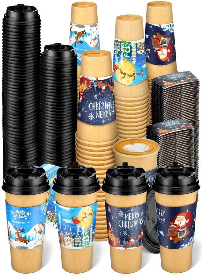 Suttmin 300 Pcs Cute Style Christmas Disposable Paper Coffee Cups with Lids and Sleeves, 12 Oz, 100 Cups, 100 Lids, 100 Sleeves, Christmas Themed Design, Hot/Cold Drinks, Party, Home, Adults & Kids - Image 1