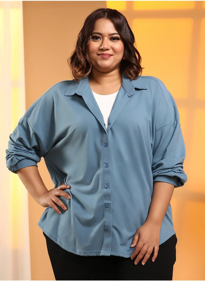 انستافاب بلس Women's Azure Blue Solid Oversized Shirt