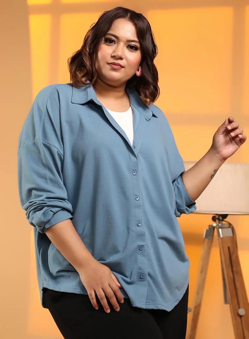 Instafab Plus Women's Azure Blue Solid Oversized Shirt