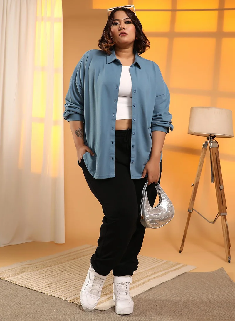 Instafab Plus Women's Azure Blue Solid Oversized Shirt