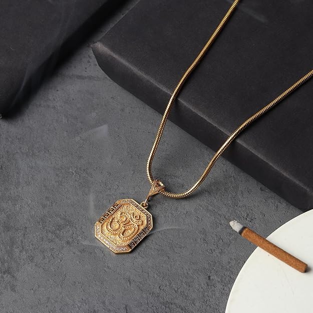 Divine Hindu Gold Plated Om Pendant Chain Necklace | Lightweight & Durable | Spiritual Religious Jewellery | For Men & Women | Length: 12.8 Inches (Plain) - Image 4
