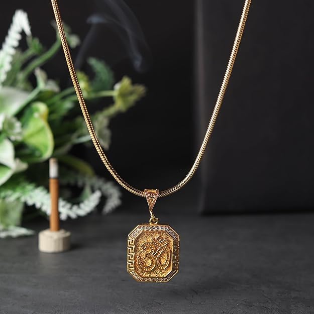 Divine Hindu Gold Plated Om Pendant Chain Necklace | Lightweight & Durable | Spiritual Religious Jewellery | For Men & Women | Length: 12.8 Inches (Plain) - Image 3