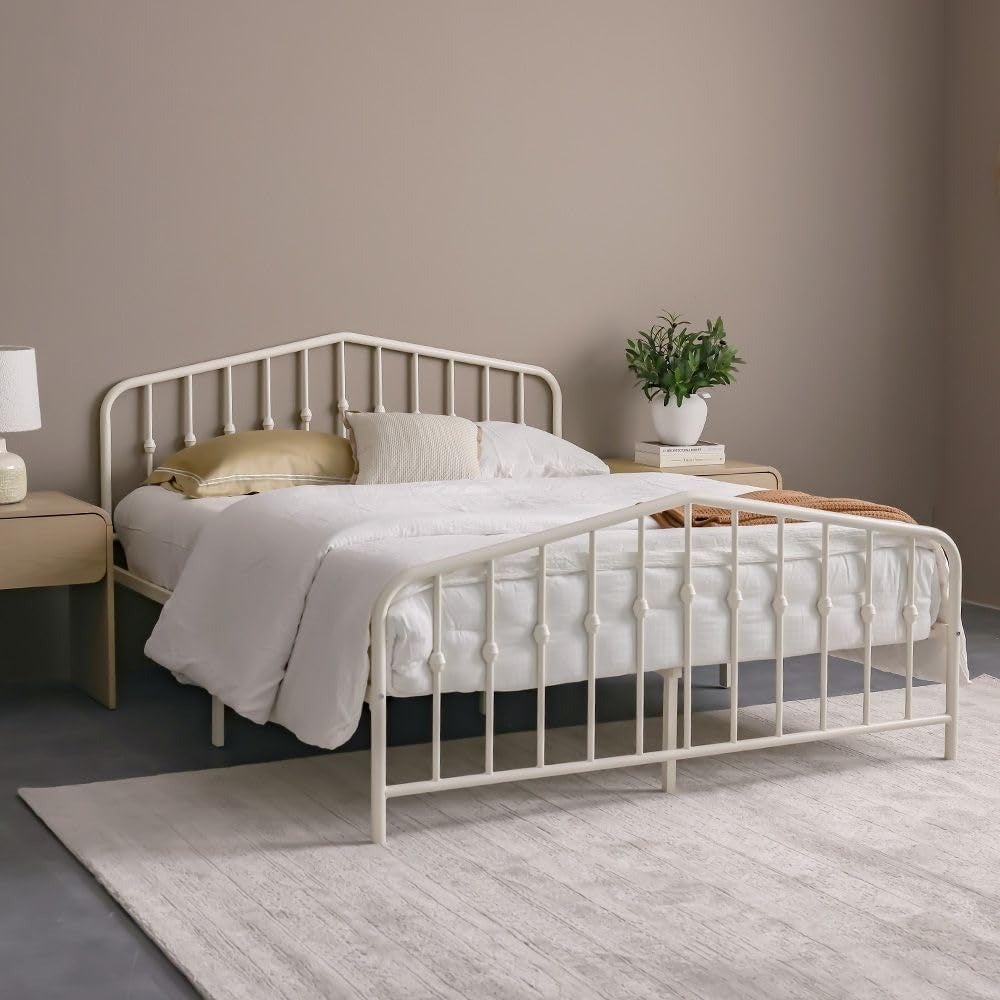 Queen bed frame for modern bedroom use, white metal construction, sleek design, sturdy and comfortable support, dimensions L209.6xW166.2xH107.3cm, mattress not included
