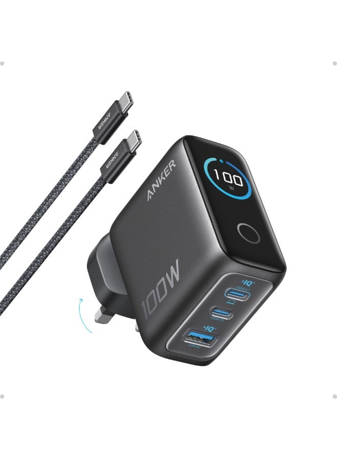 Anker Charger, 100W Max USB C Charger, 3-Port GaN and Ultra-Compact Wall Adapter, Smart Display and Touch Control, For MacBook, iPad, iPh - Image 1