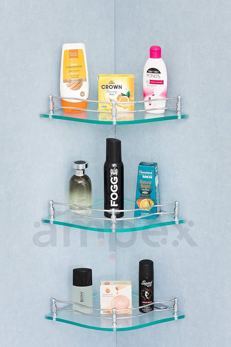 AMPEX Flower Glass Corner Shelf for Bathroom and Kitchen AccesoriesWall ShelfStorage ShelfShelvesWall Mount Stand for Home Decore 9x9 Inches Flower Glass Corner ShelfPack of 3 - Image 1