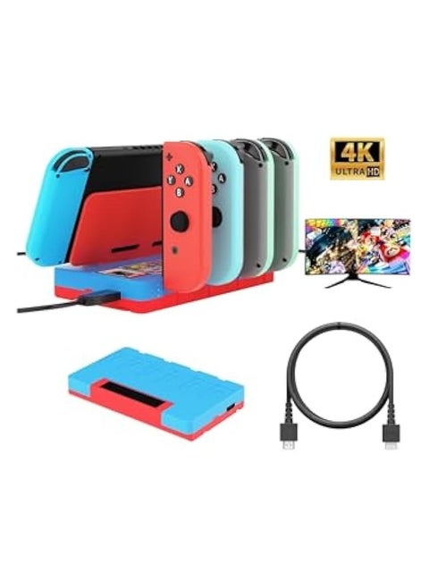 4K HDMI Switch Dock with Joycon Charger, Charging Stand for Nintendo Switch with 6 Game Slots (Red-Blue)