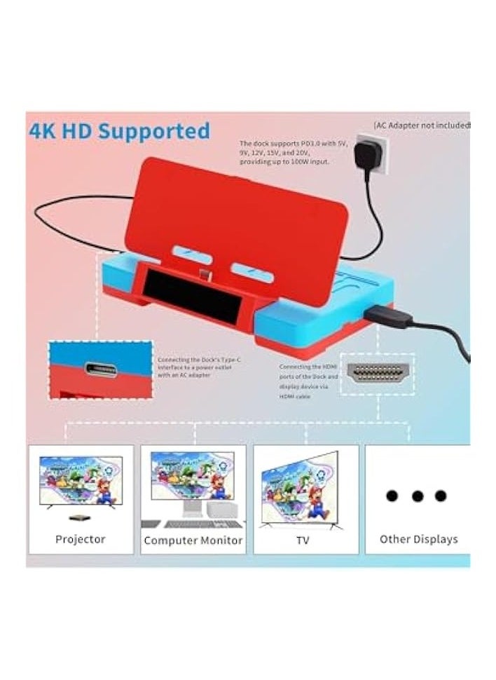 PROMASS 4K HDMI Switch Dock with Joycon Charger, Charging Stand for Nintendo Switch with 6 Game Slots (Red-Blue)  - Image 5
