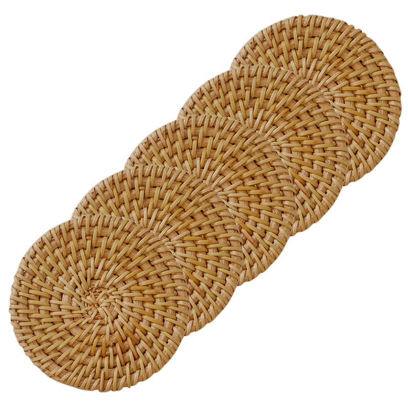 5Pcs Rattan Cup Weave Placemat Round Rattan Tablemats Heat Insulation - Image 1