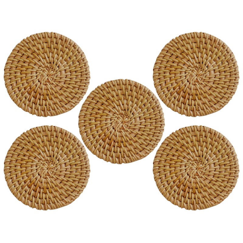 5Pcs Rattan Cup Weave Placemat Round Rattan Tablemats Heat Insulation - Image 5