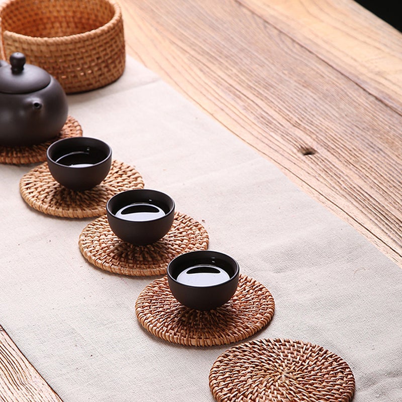 5Pcs Rattan Cup Weave Placemat Round Rattan Tablemats Heat Insulation - Image 4