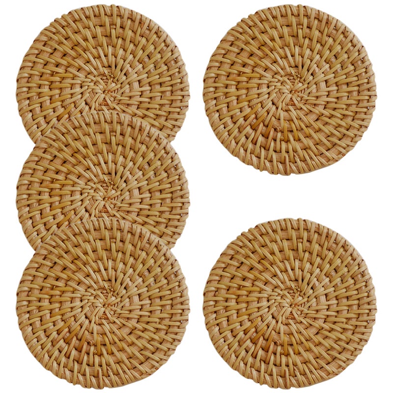 5Pcs Rattan Cup Weave Placemat Round Rattan Tablemats Heat Insulation - Image 3