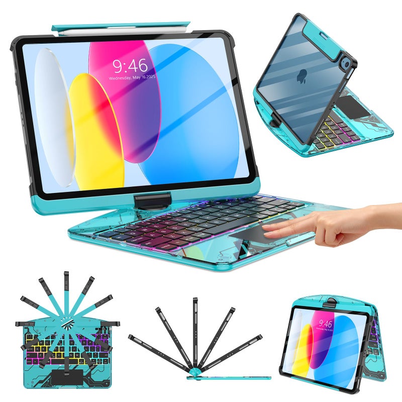 TSQQST Clear Wireless Keyboard Case for iPad (A16) 11th Generation 11-inch 2025/ iPad 10th Generation 10.9-inch 2022 with Pencil Holder & Multi-Touch Trackpad, 7-Color Backlit, 360 Rotatable, Blue - Image 1