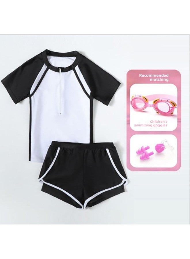 Loquat Girls' Swimsuit Split Two-piece Sports Style Flat-angle Conservative Girls' Small, Middle And Big Kids Casual Swimwear-Color:Black 【goggles/nose Clip Earplug】】- - Image 1