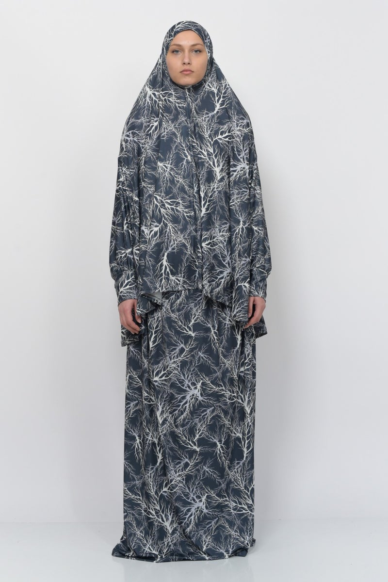 Altobeh Practical Two Piece Tree Patterned Bat Sleeves Lycra Hijab Prayer Dress with Headscarf 992-0708  - Image 1