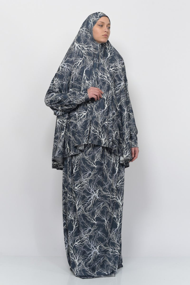 Altobeh Practical Two Piece Tree Patterned Bat Sleeves Lycra Hijab Prayer Dress with Headscarf 992-0708  - Image 2