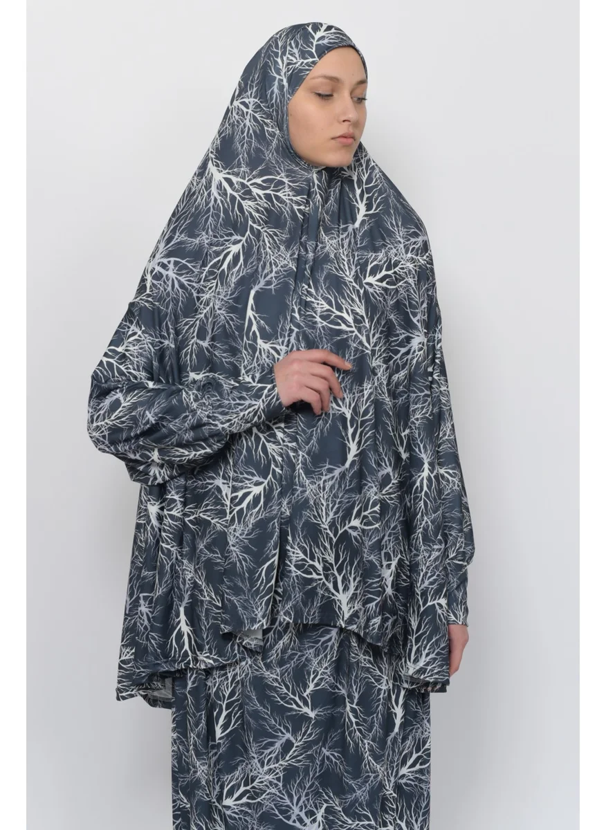 التوبة Practical Two Piece Tree Patterned Bat Sleeves Lycra Hijab Prayer Dress with Headscarf 992-0708