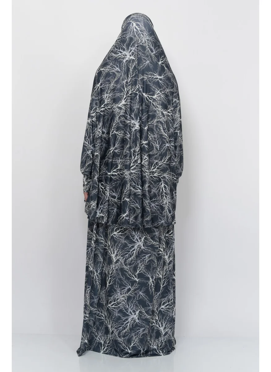 التوبة Practical Two Piece Tree Patterned Bat Sleeves Lycra Hijab Prayer Dress with Headscarf 992-0708