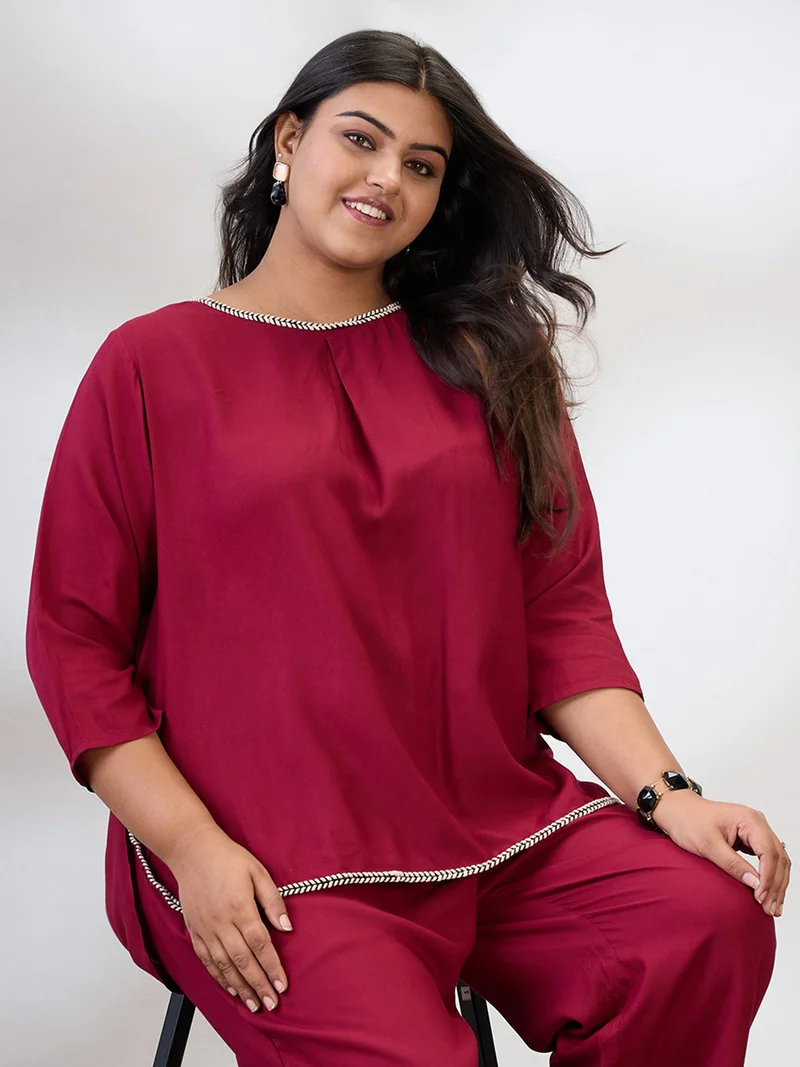 globus Gloplus Women Maroon Round Neck Solid Plus Size Top & Trousers Co-Ord Set