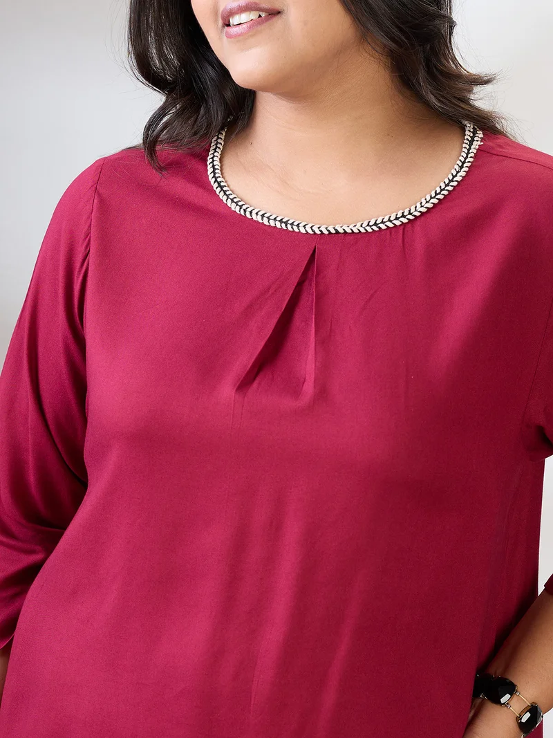 globus Gloplus Women Maroon Round Neck Solid Plus Size Top & Trousers Co-Ord Set