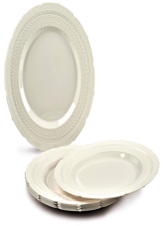 OCCASIONS FINEST PLASTIC TABLEWARE عبوات 50 طبق (25 ضيف) - أطباق بلاستيكية قابلة للاستخدام مرة واحدة/قابلة لإعادة الاستخدام بتصميم عتيق زفاف ثقيلة الوزن - 25 x 11 بوصة للعشاء + 25 x 8.25 بوصة للسلطة/الحلويات (مجموعة شاتو العاجية) - Image 2