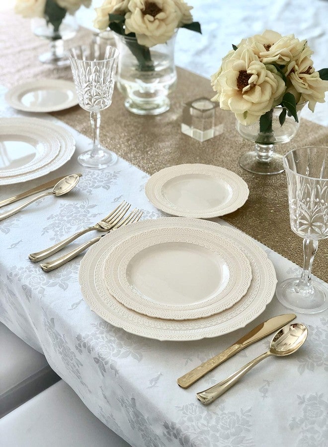 OCCASIONS FINEST PLASTIC TABLEWARE عبوات 50 طبق (25 ضيف) - أطباق بلاستيكية قابلة للاستخدام مرة واحدة/قابلة لإعادة الاستخدام بتصميم عتيق زفاف ثقيلة الوزن - 25 x 11 بوصة للعشاء + 25 x 8.25 بوصة للسلطة/الحلويات (مجموعة شاتو العاجية) - Image 4