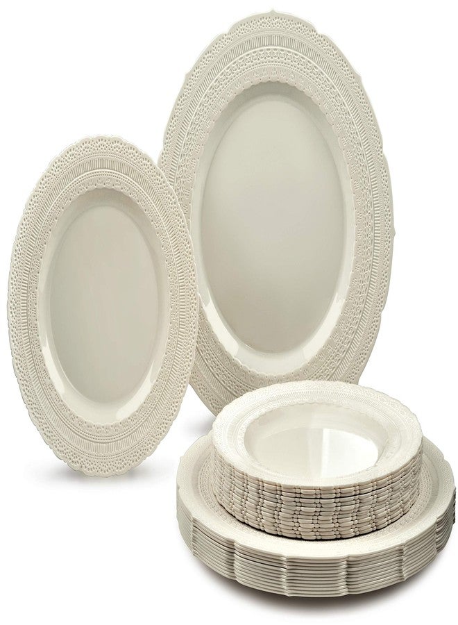 OCCASIONS FINEST PLASTIC TABLEWARE عبوات 50 طبق (25 ضيف) - أطباق بلاستيكية قابلة للاستخدام مرة واحدة/قابلة لإعادة الاستخدام بتصميم عتيق زفاف ثقيلة الوزن - 25 x 11 بوصة للعشاء + 25 x 8.25 بوصة للسلطة/الحلويات (مجموعة شاتو العاجية) - Image 1