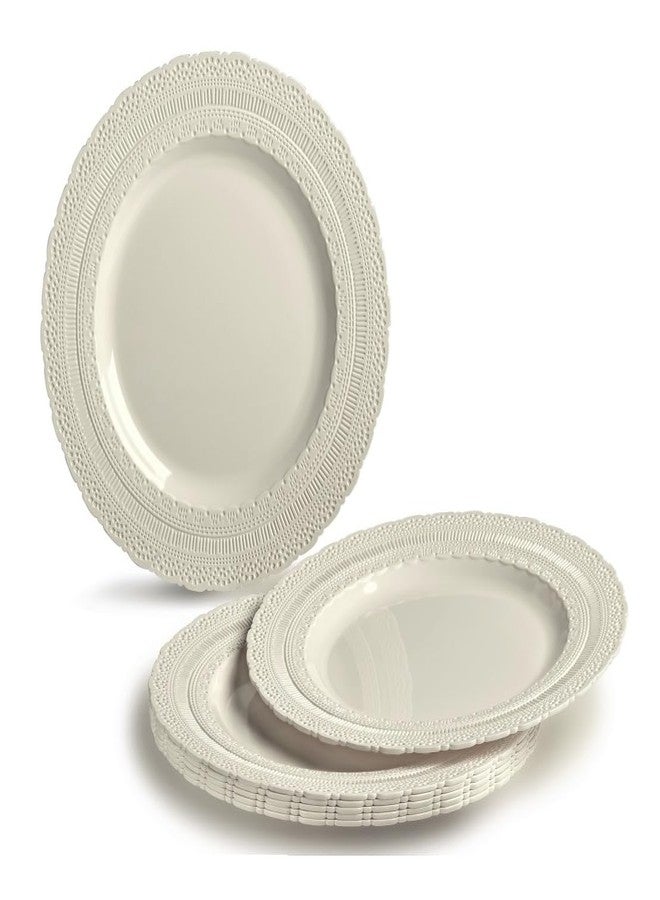 OCCASIONS FINEST PLASTIC TABLEWARE عبوات 50 طبق (25 ضيف) - أطباق بلاستيكية قابلة للاستخدام مرة واحدة/قابلة لإعادة الاستخدام بتصميم عتيق زفاف ثقيلة الوزن - 25 x 11 بوصة للعشاء + 25 x 8.25 بوصة للسلطة/الحلويات (مجموعة شاتو العاجية) - Image 3