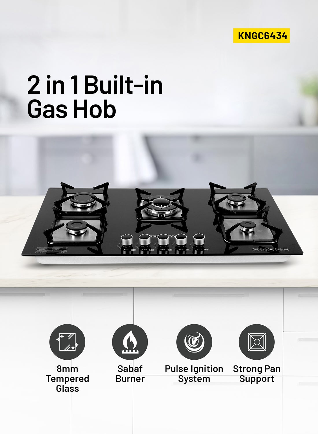2-In-1 Built-In Gas Hob - 5 Burners, Tempered Glass Top, Stove With Sabaf Burner, Low Consumption And Improved Flow For Efficient Heating/ Pulse Ignition System, Perfect For Residential Use, Apartment, 2 Years Warranty KNGC6434 Black