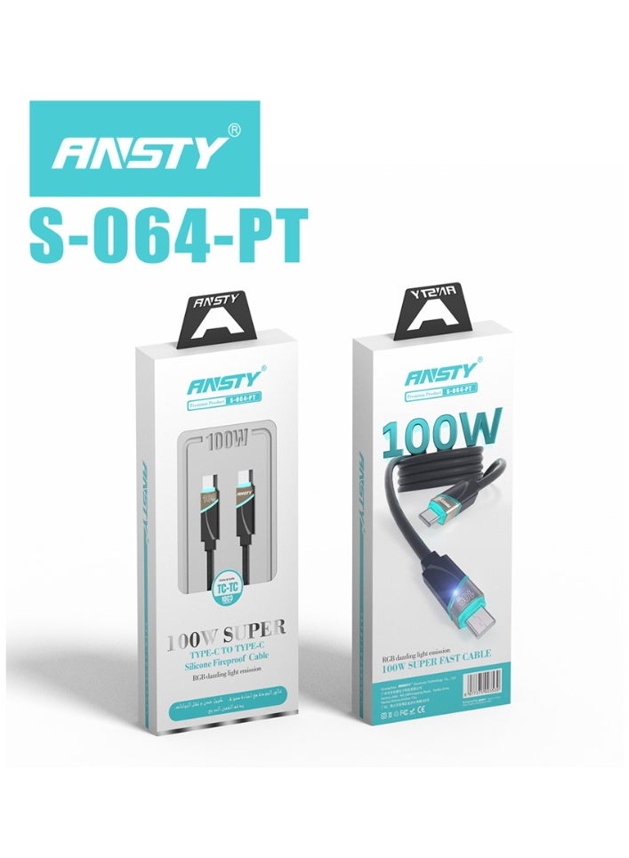 S-064-PT 100W USB-A to Type-C Cable - Silicone Super Fast Charging, Silk-Soft Touch, Extreme Durability & Universal Compatibility