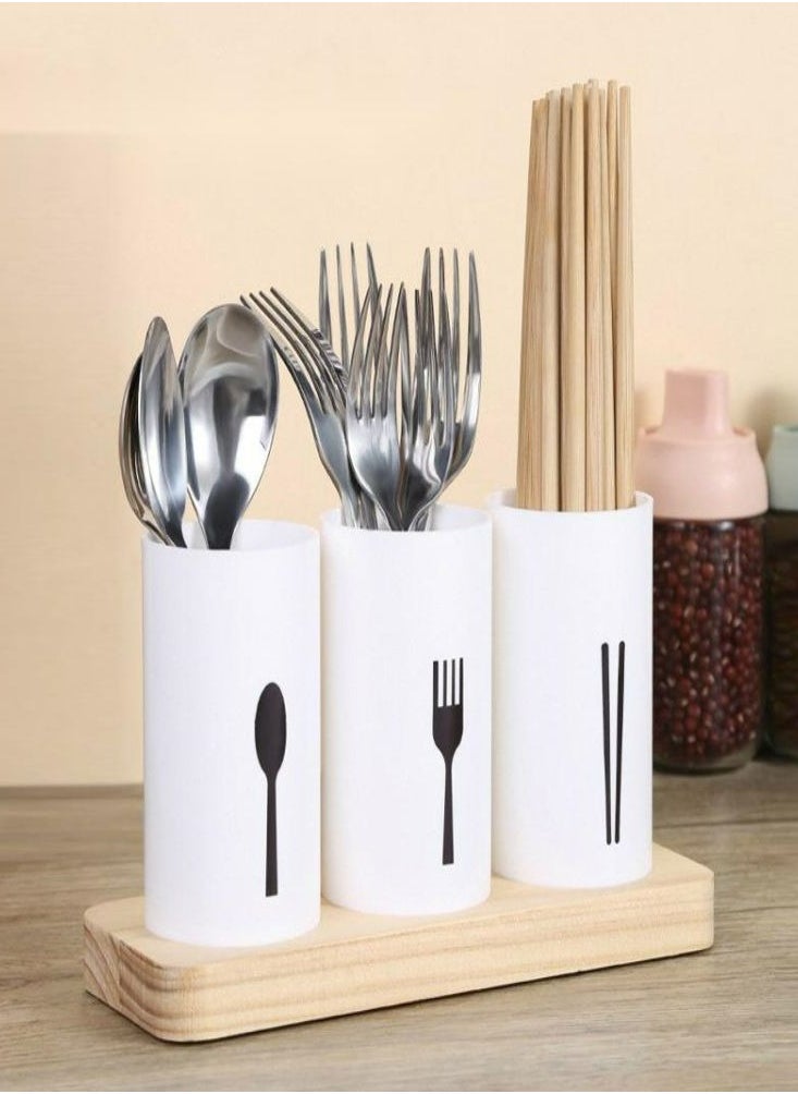 Oasisgalore Tableware Storage Box 3-in-1 Wooden Base Chopstick Spoon Knife Fork Holder Kitchen Drain Multi-functional Household Creative Chopstick  - Image 1