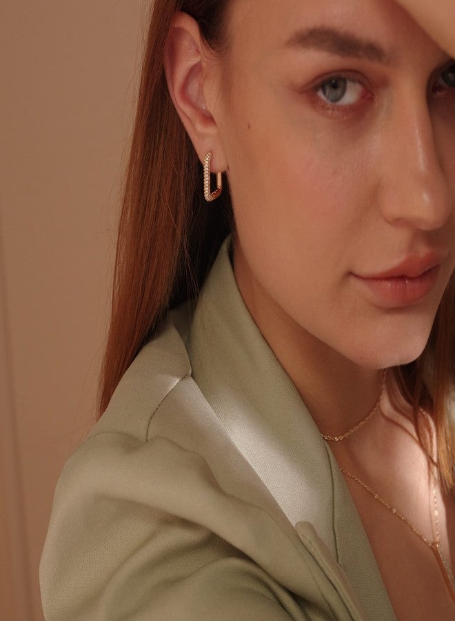 ميفيكو أقراط MEVECCO ذهبية على شكل حرف U، مطلية بالذهب عيار 18 قيراط، مرصعة بحجر الزركونيا المكعب البيضاوي الرقيق، أقراط أنيقة وبسيطة للنساء. - Image 2