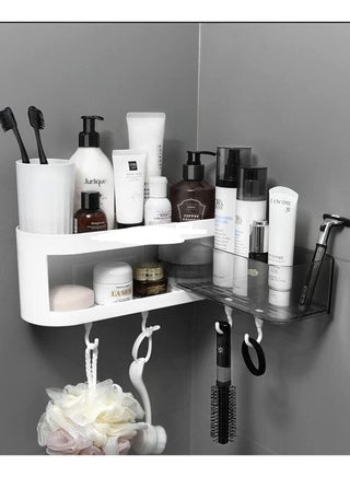 2 in 1 Adhesive Shower Caddy,Corner Shelf Basket Horizontal Rack with 4 Hooks Expandable No Drill Needed, Wall Mountable Shower Shelf, Plastic Shelves for Bathroom Toilet Kitchen - pzsku/ZDFDE259E34A809BC2C62Z/45/_/1698748009/50b52536-fe8f-4aae-89f1-ac0ccd68030b