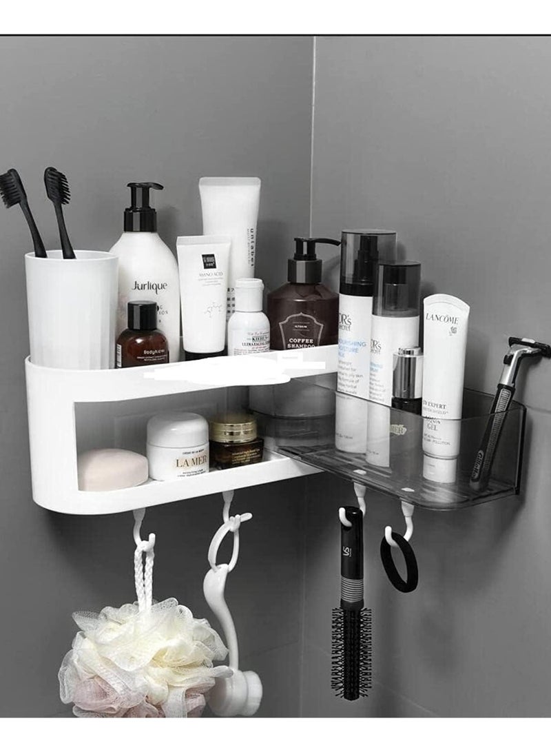 2 in 1 Adhesive Shower Caddy,Corner Shelf Basket Horizontal Rack with 4 Hooks Expandable No Drill Needed, Wall Mountable Shower Shelf, Plastic Shelves for Bathroom Toilet Kitchen