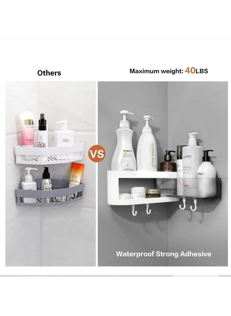 2 in 1 Adhesive Shower Caddy,Corner Shelf Basket Horizontal Rack with 4 Hooks Expandable No Drill Needed, Wall Mountable Shower Shelf, Plastic Shelves for Bathroom Toilet Kitchen