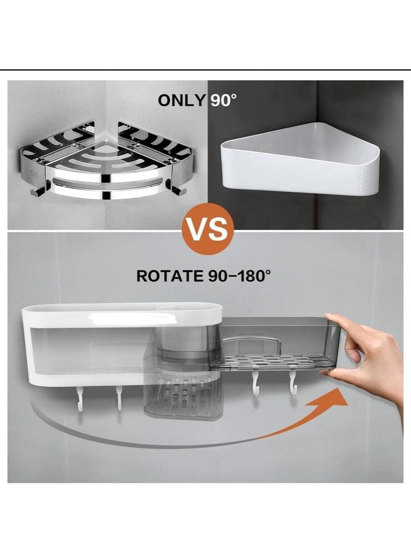2 in 1 Adhesive Shower Caddy,Corner Shelf Basket Horizontal Rack with 4 Hooks Expandable No Drill Needed, Wall Mountable Shower Shelf, Plastic Shelves for Bathroom Toilet Kitchen