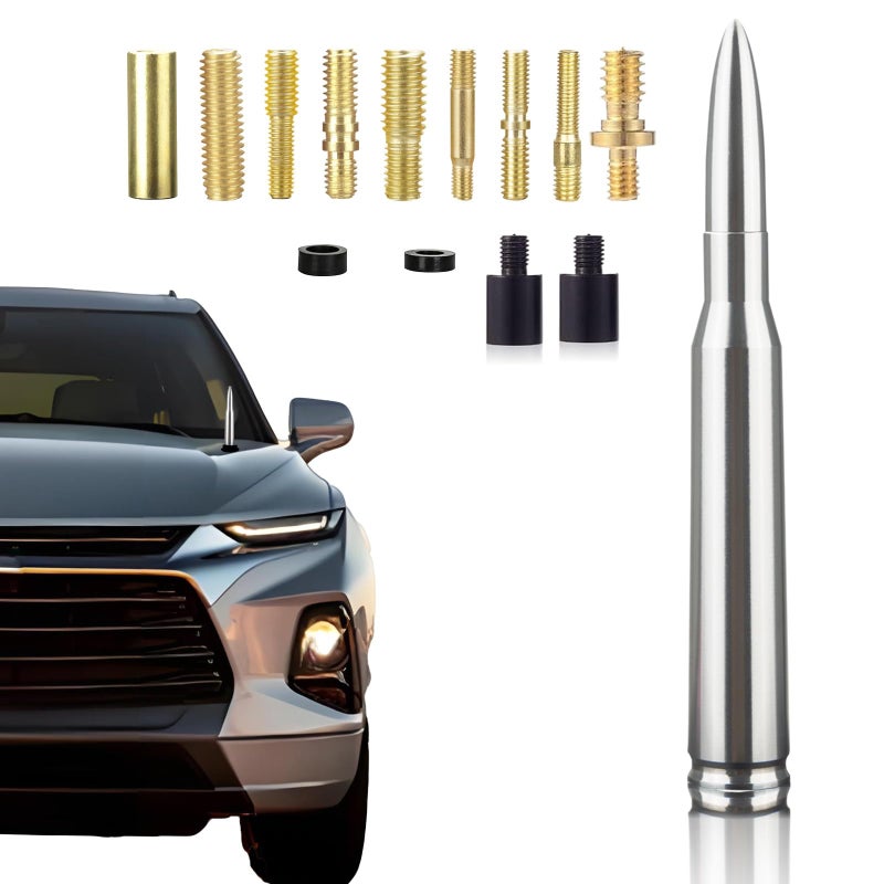 Seprochoo Chrome Antenna 50 Cal Car Truck Bullet Antenna Truck Accessories Universal Replacement for GMC Sierra 1500 Chevy Dodge Ram Silverado 1500 2500 3500 Ford F150 F250 F350 (Chrome) - Image 1