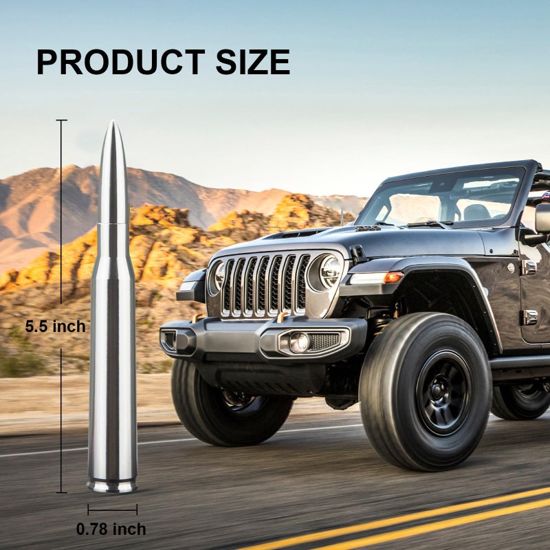 Seprochoo Chrome Antenna 50 Cal Car Truck Bullet Antenna Truck Accessories Universal Replacement for GMC Sierra 1500 Chevy Dodge Ram Silverado 1500 2500 3500 Ford F150 F250 F350 (Chrome) - Image 2