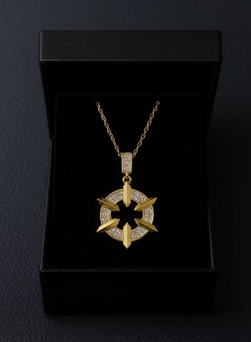 Luxuria A distinctive necklace with a "Polar Star" or "Starburst" design, featuring a circular pendant studded with small beads, with a prominent star in the center with geometric rays. - Image 1