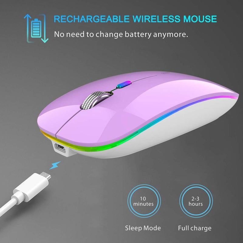 TENMOS Wireless Bluetooth Mouse, LED Slim (Bluetooth 5.1 + USB) 2.4GHz Rechargeable Silent Bluetooth Wireless Mouse with Type C Adapter for Laptop/MacBook/iPad OS 13 and Above (Purple) - Image 5